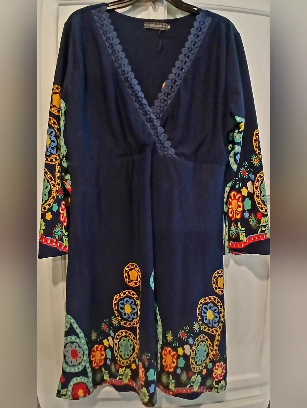 Ice Silk Boho Tunic Dress, Crocheted Trim V-neck, Long Sleeve, Colorful Detail